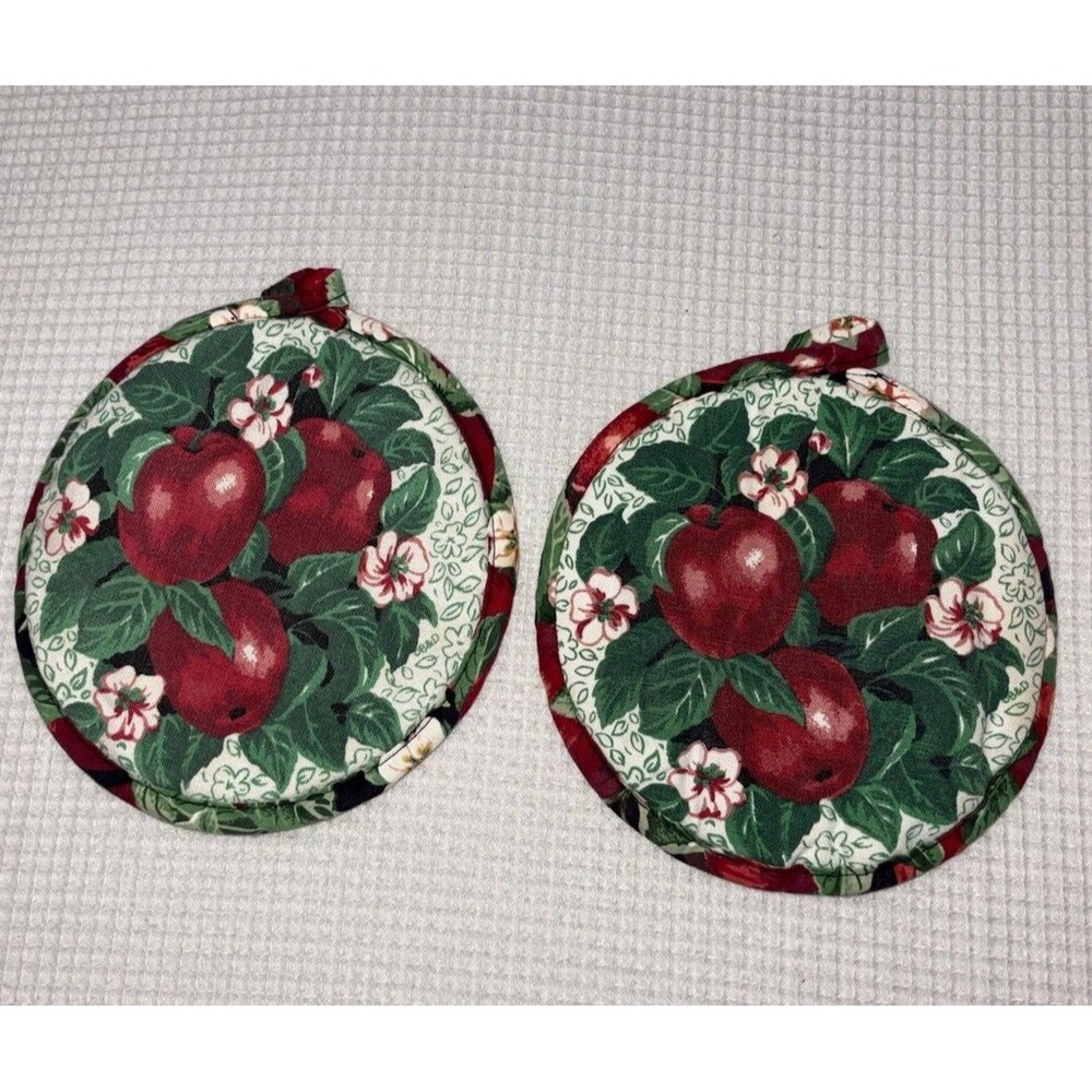 Vtg B&D Potholders Apple Floral Circle Hot Pads Cotton Kitchen Retro Farmhouse